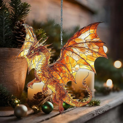 Fiery Mosaic Dragon Charm Acrylic Suncatcher Stained Glass Effect Window Car Hanging Christmas Ornament Indoor Outdoor Decor Garden Sun Catcher Panel for Dragon Lover for Women Mom Grandma