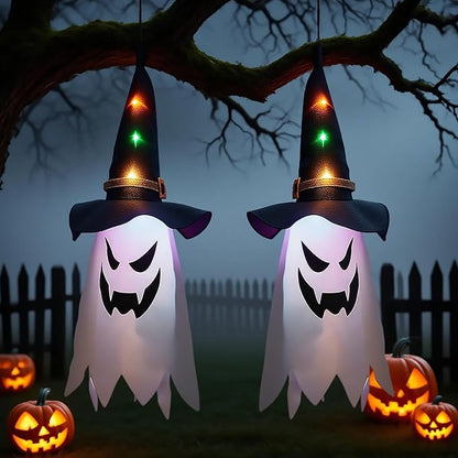 Glowing Ghost Witch Hat Halloween Decorations, Hanging String Lights with 3Modes, Easter Outdoor/Indoor Scary Decor, Double-Sided Ghost Face Ornaments for Tree, Yard, Haunted Trails, Party, 2 Pcs