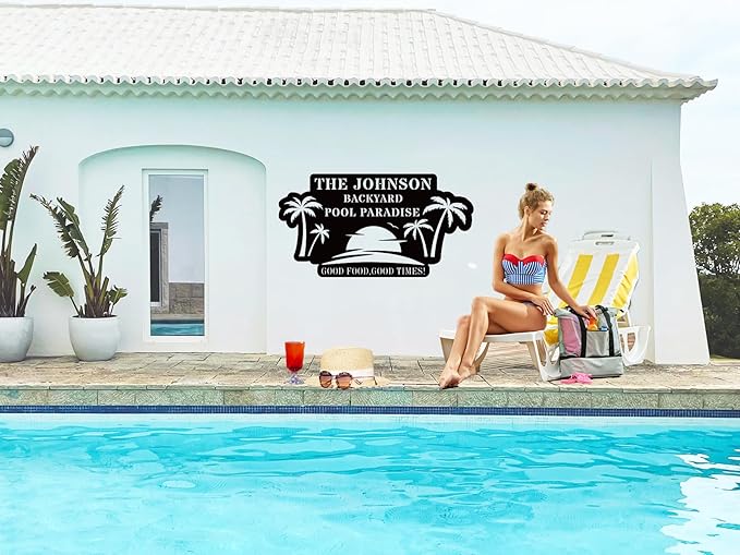 Personalized Pool Metal Name Sign,Custom Poolside Paradise Pool Signs and Decor Outdoor, Family Palm Tree Sign, Last Name,Summer Backyard Patio Decor