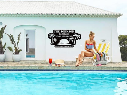 Personalized Pool Metal Name Sign,Custom Poolside Paradise Pool Signs and Decor Outdoor, Family Palm Tree Sign, Last Name,Summer Backyard Patio Decor