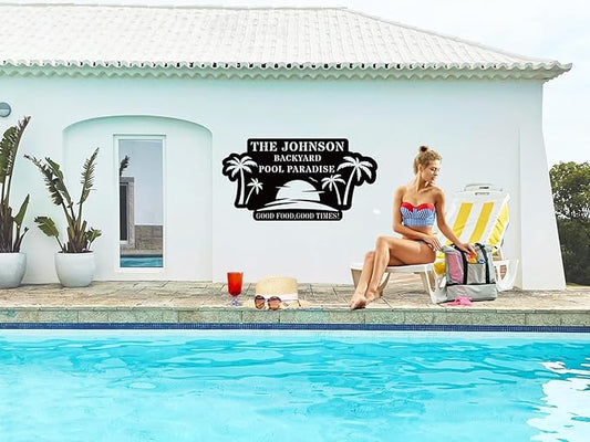 Personalized Pool Metal Name Sign,Custom Poolside Paradise Pool Signs and Decor Outdoor, Family Palm Tree Sign, Last Name,Summer Backyard Patio Decor