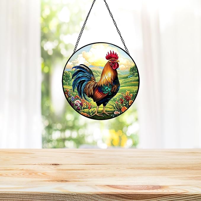 Rooster Sun Catchers Indoor Window, 20cm/7.87in Rooster Stained Glass Ornaments, Chicken Themed Gifts Women