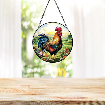 Rooster Sun Catchers Indoor Window, 20cm/7.87in Rooster Stained Glass Ornaments, Chicken Themed Gifts Women