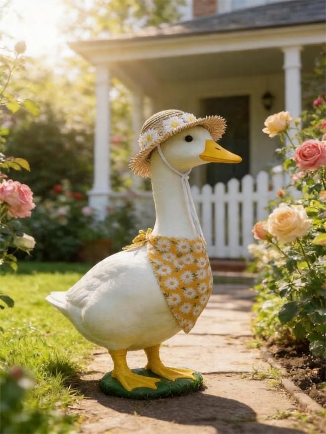 Summer Porch Goose Outfits Daisy Flower Goose Outfit Spring Geese Clothes Costume with Straw Hat Scarf for 17-23" Lawn Cement Plastic Geese Statue for Garden Yard Decor Accessories(Orange)