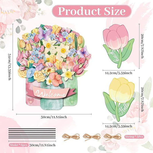 3Pcs Hello Spring Welcome Flower Yard Stakes Metal Floral Outdoor Decor, 2-in-1 Decorative Tulip Flower Sign for Garden Patio Yard Wall Hanging Floral Ornaments with Rope Rustic Spring Decor