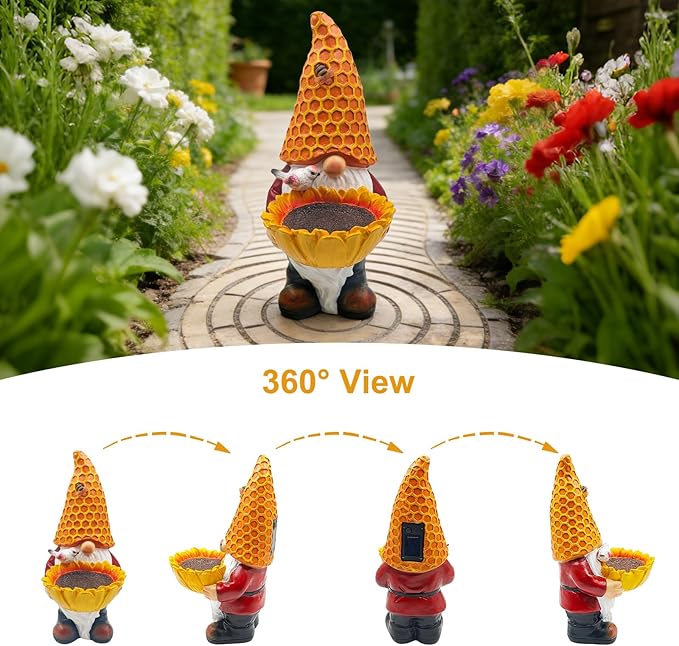 Solar Garden Gnome with LED Lights - Sunflower Garden Gnomes Outdoor, Gnomes Decorations for Yard, Patio, Lawn - Gift for Mom, Grandma, Gnome Gifts for Women, Garden Lovers