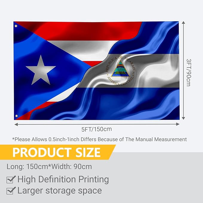 Puerto Rican Puerto Rico And Nicaraguan Nicaragua Flag 3x5 Ft Double-Sided Printed Indoor/Outdoor Polyester Fabric Decorative Banner With 2 Brass Grommets 3x5 Foot National Flags For Outside
