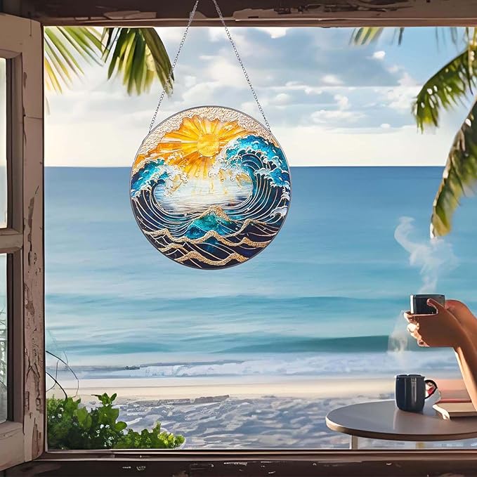 Ocean Wave Sunset Suncatcher Stained Glass Window Hanging - 10" Hand-Painted Sun Catcher Garden Hanging Decoration with Metal Chain Outdoor Garden Decor Christmas for Women