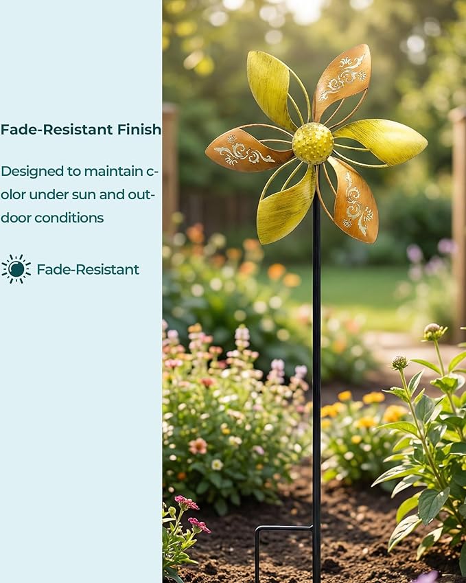 2 Pack 37" Metal Wind Spinners for Yard & Garden, 10" Kinetic Outdoor Garden Spinners, Rust-Resistant Decorative Yard Art (Gold Ornate Laser-Cut Floral)