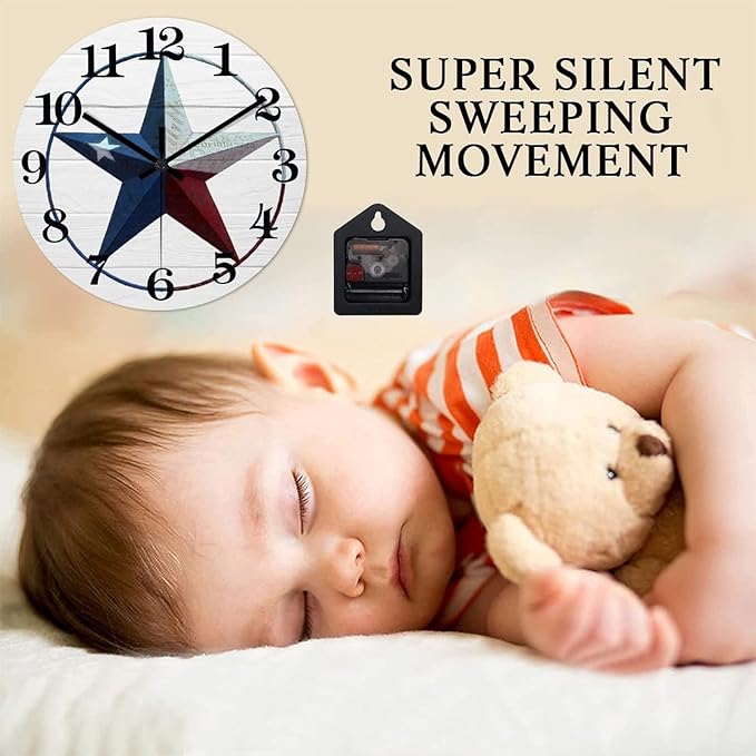 10 Inch Decorative Wall Clock Western Texas Star Vintage Farmhouse Wood Clock Silent Non-Ticking Battery Operated Rustic Wooden Analog Clock for Patio Office Living Room Decor Home Decor