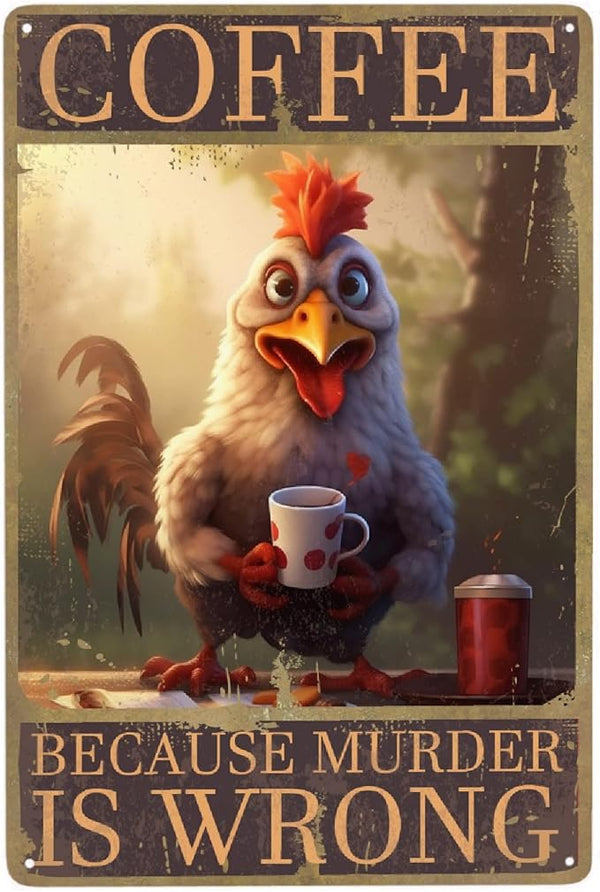 JOCASA Retro Chicken Coffee Vintage Metal Tin Sign Kitchen Wall Decor- Because Murder Is Wrong Aluminum Metal Poster Sign for Cafe, Bar, Bedroom, Funny Signs Gift,12''x 8''