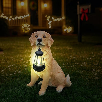 Outdoor Golden Retriever Dog Statue with Interchangeable Welcome Sign Detachable Garden Dog Sculpture Décor Garden Statue Outdoor Dog Statue Solar Lights Statue Outdoor Garden Decor