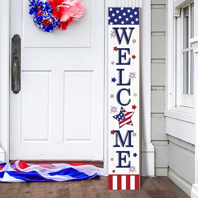 Patriotic 4th of July Welcome Sign for Front Porch, 250th Anniversary Memorial Day Wooden Porch Sign For Outdoor Patio, USA American Flag Standing Yard Sign Summer Door Signs for Garden Wall