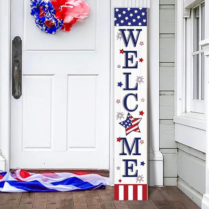 Patriotic 4th of July Welcome Sign for Front Porch, 250th Anniversary Memorial Day Wooden Porch Sign For Outdoor Patio, USA American Flag Standing Yard Sign Summer Door Signs for Garden Wall