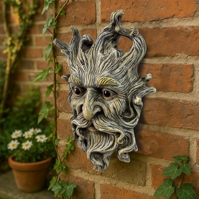 Whimsical Tree Face Garden Statues Outdoor Decor – Funny Old Man Tree Hugger Wall Sculpture with Mustache, Fairy Art Fence Hanging Resin Ornament, Outdoor Wall Mounted Sculpture for Patio Lawn & Home