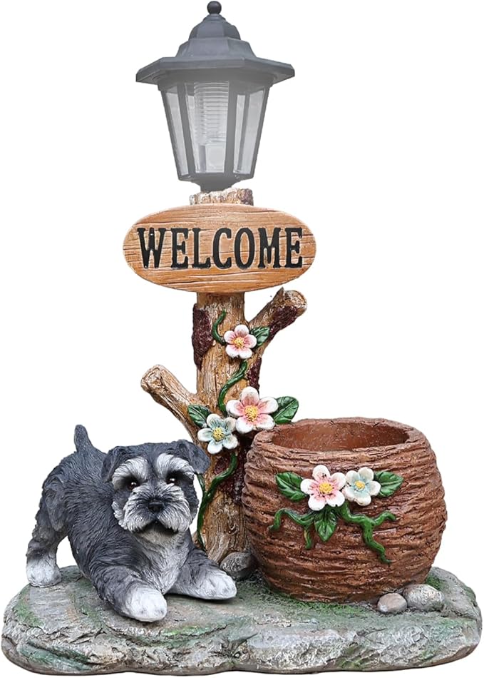 Solar Garden Statue with Planter & Solar Lantern, Outdoor Resin Animal Sculpture, Waterproof Yard Lawn Decor Pot for Succulents, Front Porch Ornament Housewarming Gift (Miniature Schnauzer)