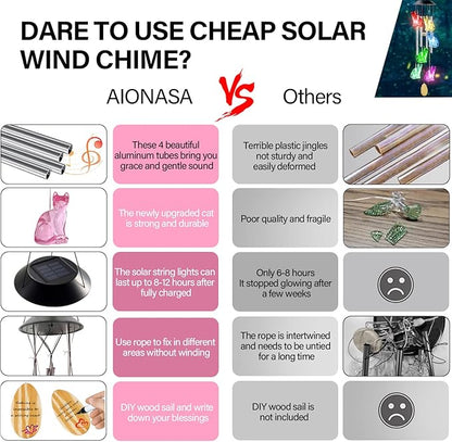 Cat Solar Wind Chimes for Outside - AIONASA Color Changing LED Solar Hanging Lights Outdoor, Waterproof Windchimes Outdoors Hanging Gifts for Mom Grandma Women, Home Garden Patio Yard Porch Decoration