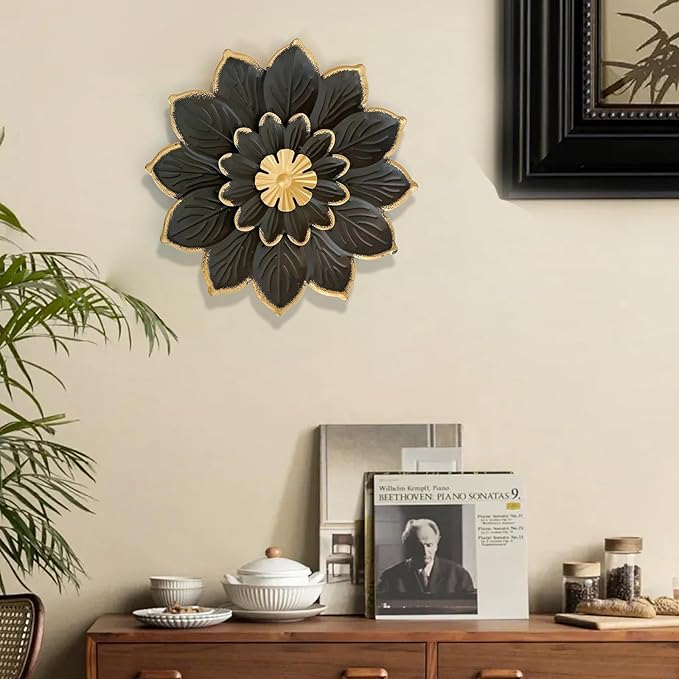 LIFFY 9.2“ Black and Gold Metal Flower Wall Art, Modern Rustic Floral Decor for Indoor Living Room Bedroom Office Outdoor Garden Patio Yard