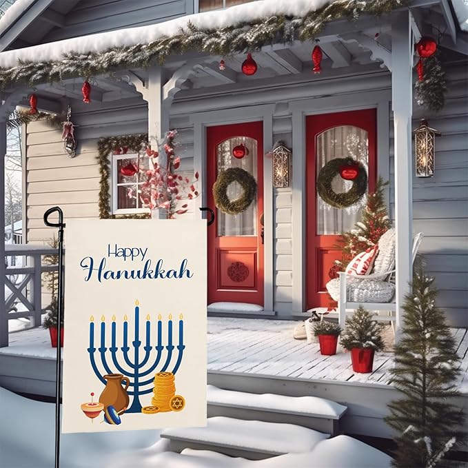 Happy Hanukkah Garden Flags Menorah Star of David Chanukah Yard Flag Jewish Gyroscope Holiday Festival Holiday House Banner Double Sided for Winter Decor 12 x 18 Inch