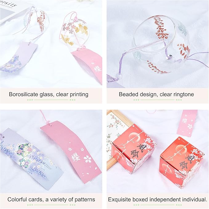 BENECREAT 2PCS Japanese Wind Chimes Pink & Purple Glass Wind Bells Handmade Pendants for Birthday Gift, Home Christmas Party Decorations