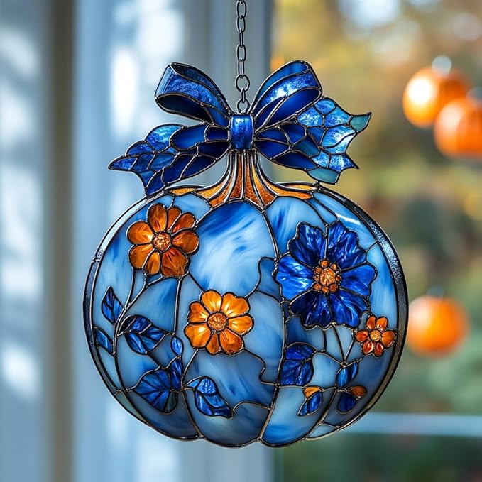 Blue Floral Pumpkin Acrylic Suncatcher Stained Glass Effect Window Car Hanging Christmas Ornament Indoor Outdoor Decor Garden Sun Catcher Panel for Halloween Lover for Women Mom Grandma