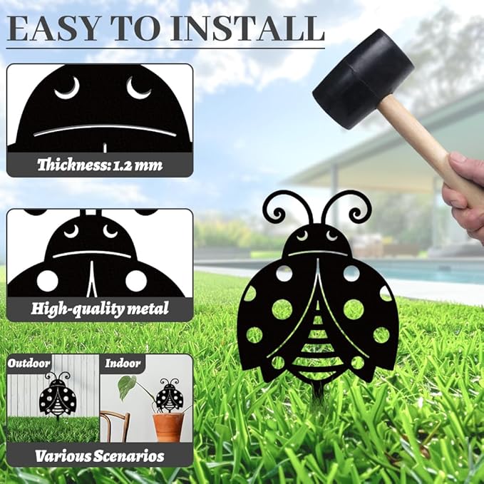WADORN Cute Ladybug Metal Decorative Garden Stakes, Black Ladybug Outdoor Statues Silhouette Funny Ladybugs Lover Gifts Stakes Ornaments for All Season Home Yard Art Garden Patio Backyard Lawn Decors