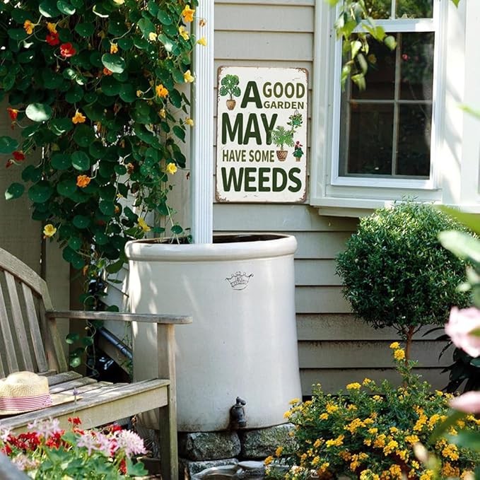 Funny Garden Sign for Outdise - A Good Garden May Have Some Weeds Sign, Metal Tin Sign for Outdoor, Backyard, Farmhouse, Patio Wall Decor Art, Plant Lover Gifts for Women, 8 x 12 inch