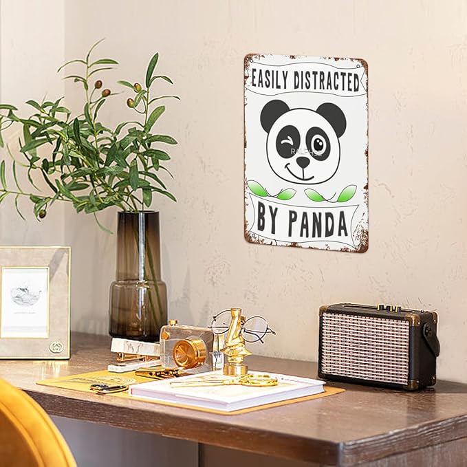 Vintage Metal Tin Sign Easily Distracted By Pandas 8x12 Inches Retro Wall Decor for Home,Garden,Patio,Office,Kitchen,Bedroom,Funny Quotes and Gothic Designs