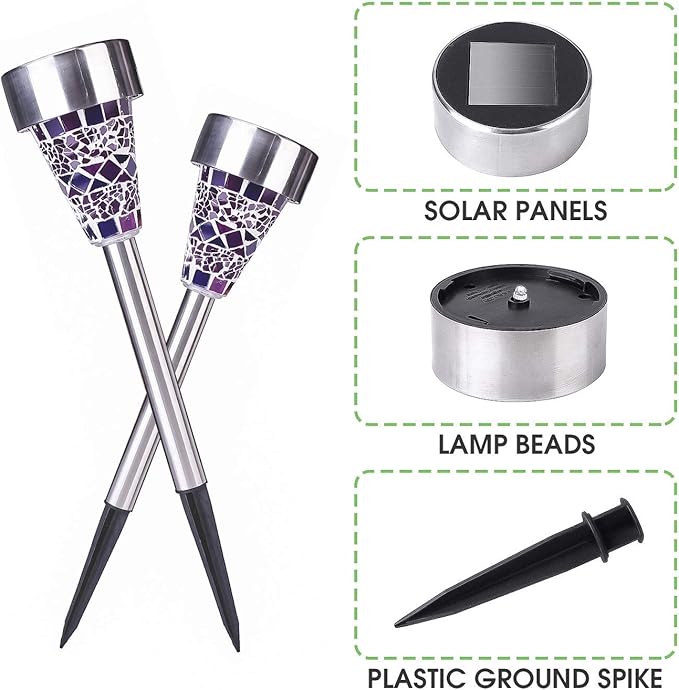 6-Pack Solar Mosaic Border Lawn Garden Lights, LED Mosaic Stake Lights Pathway Landscape Lighting for Patio Walkway Driveway Outdoor Christmas Garden Home Decoration (Purple)