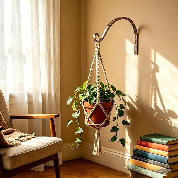 LOOGI Hanging Plant Bracket, Wall Hook Plant Hanger 6 Inch Decorative Hooks for Indoor Planter Lantern, Outdoor Bird Feeder Wind Chime (Gold, 8 Inch C)