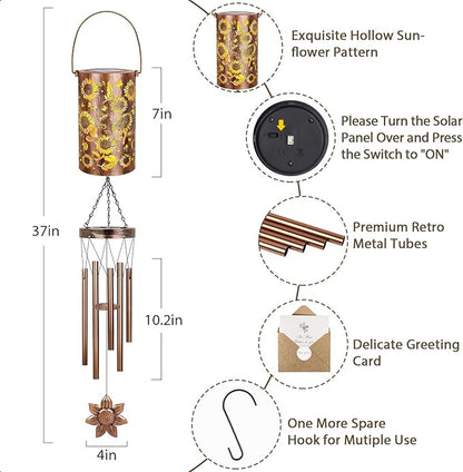 YHmall Solar Wind Chimes for Outside, 35'' Sunflower Gifts for Women Mom Grandma Windchimes Outdoors, Solar Lantern Memorial Wind Chimes Teacher Appreciation Unique for Garden Decor