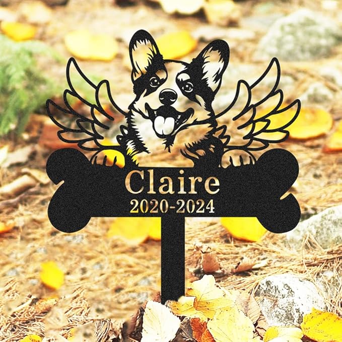 Custom Metal Dog Corgi Memorial Stake with Wings, Personalized Dog Grave Marker with Bone Stake Outdoor Yard Garden Sign Tombstone, Customized Dogs Corgi Remembrance Plaque Pet Loss Gifts
