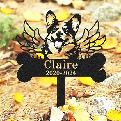 Custom Metal Dog Corgi Memorial Stake with Wings, Personalized Dog Grave Marker with Bone Stake Outdoor Yard Garden Sign Tombstone, Customized Dogs Corgi Remembrance Plaque Pet Loss Gifts