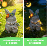 Solar Garden Statue Light, 8 inch Resin Rabbit Figurine with Flowers Outdoor Decor for Patio, Lawn, Yard, Housewarming Birthday Gifts Gift for Bunny Lovers, Mom, Grandma, Women (Grey Rabbit)