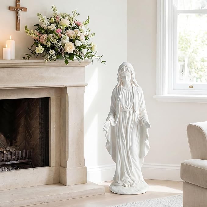 Giantex Virgin Mary Garden Statue 29.5", Blessed Mother Outdoor Religious Statue with Serpent, Weather-Resistant MgO Catholic Yard Decor for Lawn, Patio, Prayer Garden & Memorial, Distressed Ivory
