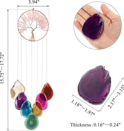 Yoption Rose Quartz Tree of Life Memorial Wind Chime, Natural Crystal Agate Slices Windchimes for Indoor Outdoor Decoration Ornament, 15.7-17.7 inch