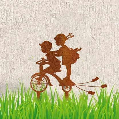 Rusty Metal Bicycle Art Silhouettes Garden Fence Decor Boy and Girl Robin Steel Country Garden Yard Art Gardening Decoration, MELI36
