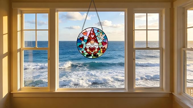 Funoasis Valentine's Day Gnome Stained Glass 6.3 Inches Suncatcher - Cupid & Red Heart Ornament Window Hanging Decor for Sweetheart Present