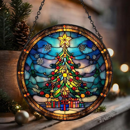 Christmas Tree Presents Star Acrylic Suncatcher Stained Glass Effect Window Car Hanging Christmas Ornament Indoor Outdoor Decor Garden Sun Catcher Panel for Women Mom Grandma
