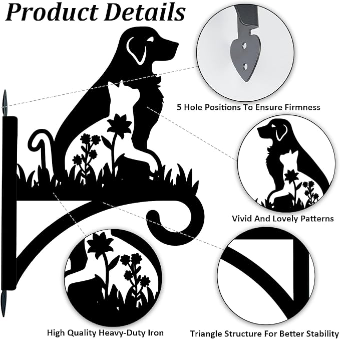 Dog Plant Hanger Bracket Iron Plant Brackets 10.6 x 13.9 Inch Black Flower Cat Dog Silhouette Indoor Outdoor Decorative Basket Wall Mounted Hanging Hooks for Porch Garden Wind Chime Lantern