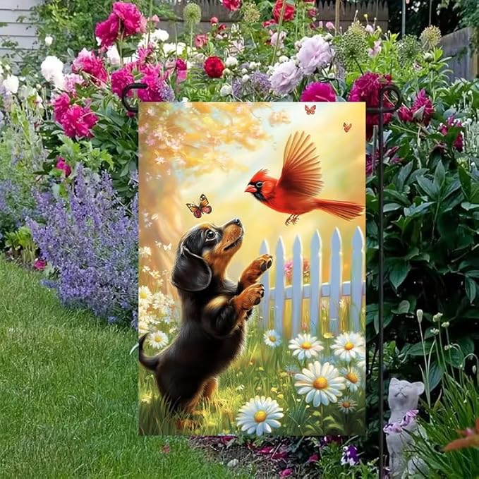 Spring Summer Garden Flags for Outside 12x18 Double Sided, Small Burlap Black Dachshund Dog Cardinal Floral Garden Flag Spring Summer Outdoor Yard Decorations