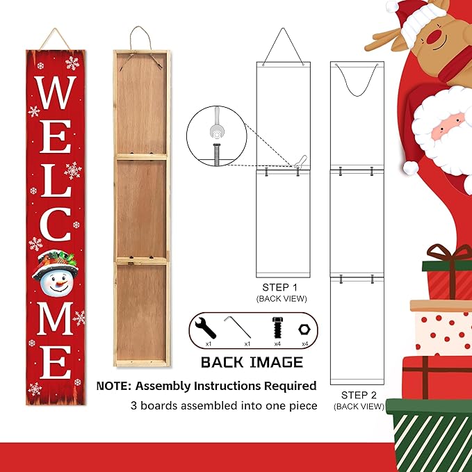 Christmas Snowman Wooden Porch Sign 47" Winter Vintage Large Welcome Porch Sign for Home Front Door Yard Party Decor (Red)