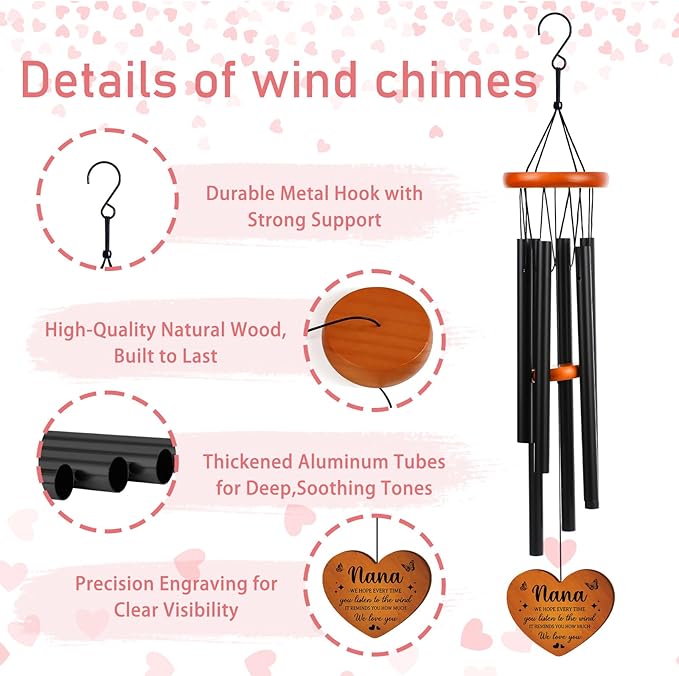 Grandma Gifts Wind Chimes for Outside - Metal Windchime with Wooden Pendant, Greeting Card & Black Box - Unique Birthday for Grandmother from Grandkids, Garden Hanging Decor