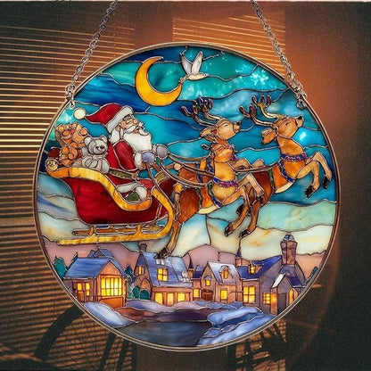 Santa Sleigh Christmas Mosaic Effect Acrylic Suncatcher Stained Glass Effect Window Car Hanging Christmas Ornament Indoor Outdoor Decor Garden Sun Catcher Panel for Women Mom Grandma