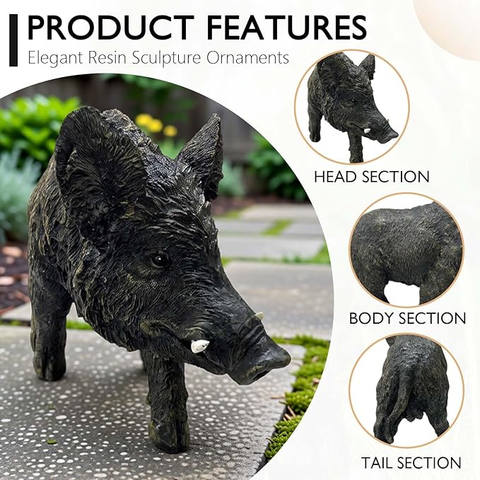 12.20" H x 21.26" L Large Wild Boar Statue for Garden, Outdoor Sculpture, Animal Decor for Yard Porch Entryway Patio Living Room, Resin (Large, Wild Boar)