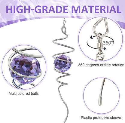 Wind Spinner Spiral Tail, Gazing Ball Spiral, Decorative Sun Catcher Rainbow Maker 11inch Tail and 2 inch Purple Crystal Orb with Swivel Hook, Indoor & Outdoor Garden Decoration 13" Height