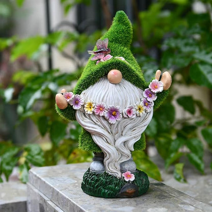 DiliComing Garden Flocked Gnomes Decor for Yard - Artificial Green Moss Gnome Statue with Solar Light, Dwarf Sculpture for Outdoor Patio Porch Lawn Decor, Spring Decorations for Home