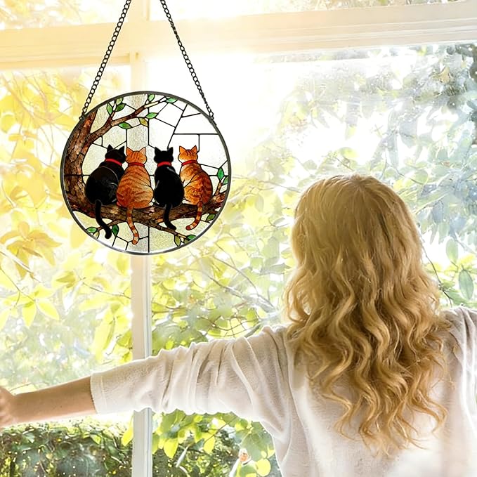 Black and Orange Cat Tree Stained Glass Window Hanging, Four Cats on Tree Branch Suncatcher Indoor Window Glass Round Wall Art Decor, 7.9x7.9 Inch