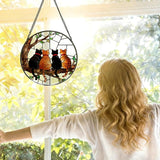 Black and Orange Cat Tree Stained Glass Window Hanging, Four Cats on Tree Branch Suncatcher Indoor Window Glass Round Wall Art Decor, 7.9x7.9 Inch