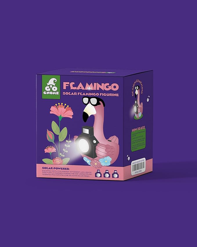 GoGnome Solar Flamingo Garden Statue with Camera Light – 5.5in Tall Solar Powered Outdoor Figurine for Yard, Patio, Balcony – Funny Garden Decor, Gift for Women (Flamingo)
